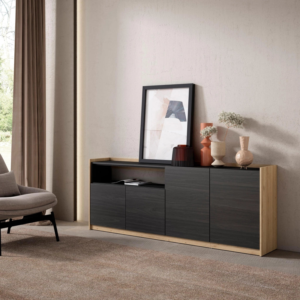 Credenza, Mobile, Cucina, 207x80x37 cm, 4 Porte, grande stoccaggio, Nero e rovere