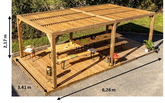 Pergola in Legno Trattato Alta Temp. con Veneziane Mobili sul Tetto 341x618xh217