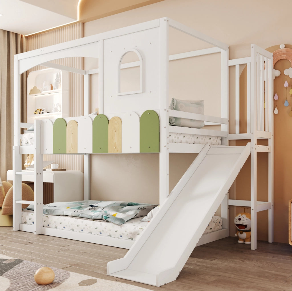 Letto a soppalco per bambini 90x200 cm con scivolo; scala di sicurezza e struttura a casetta