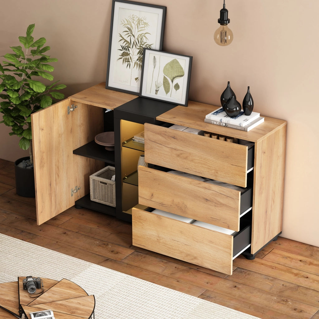Credenza con 3 cassetti; 1 anta e LED APP - per soggiorno - 140×40×80 cm