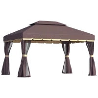 Gazebo da Giardino 3x4m con Doppio Tetto, Zanzariera e Tende, Alluminio e Poliestere, Color Caffè