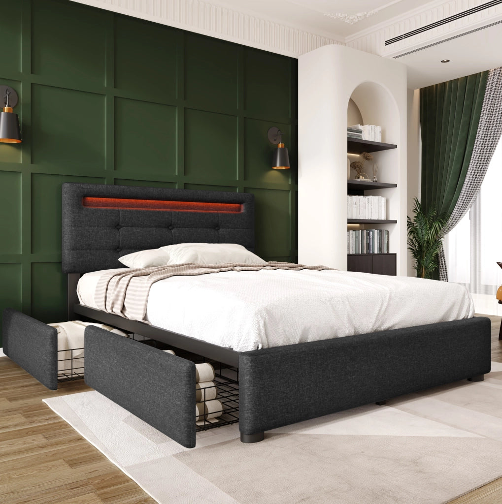 Letto singolo imbottito 90x200 cm grigio con LED, cassetti e materasso
