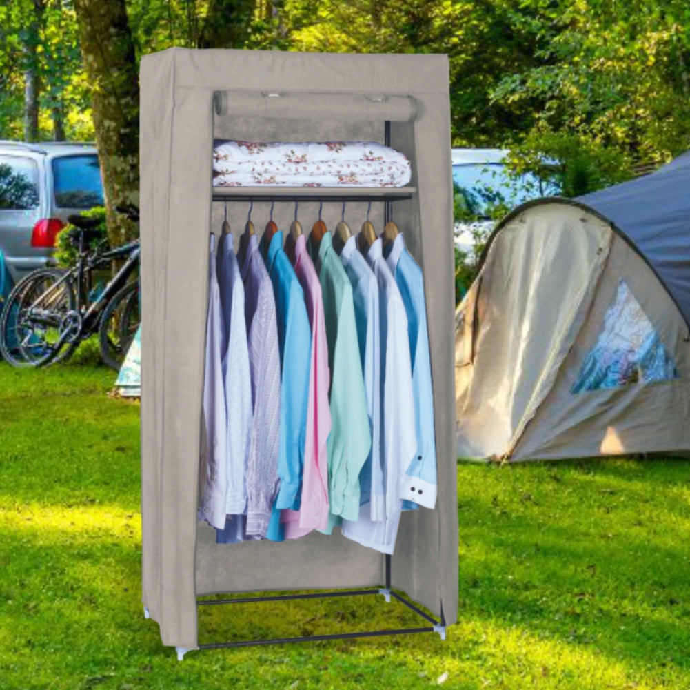 Armadio in Tessuto Struttura Metallo Guardaroba Pieghevole Asta Appendiabiti Ecrù