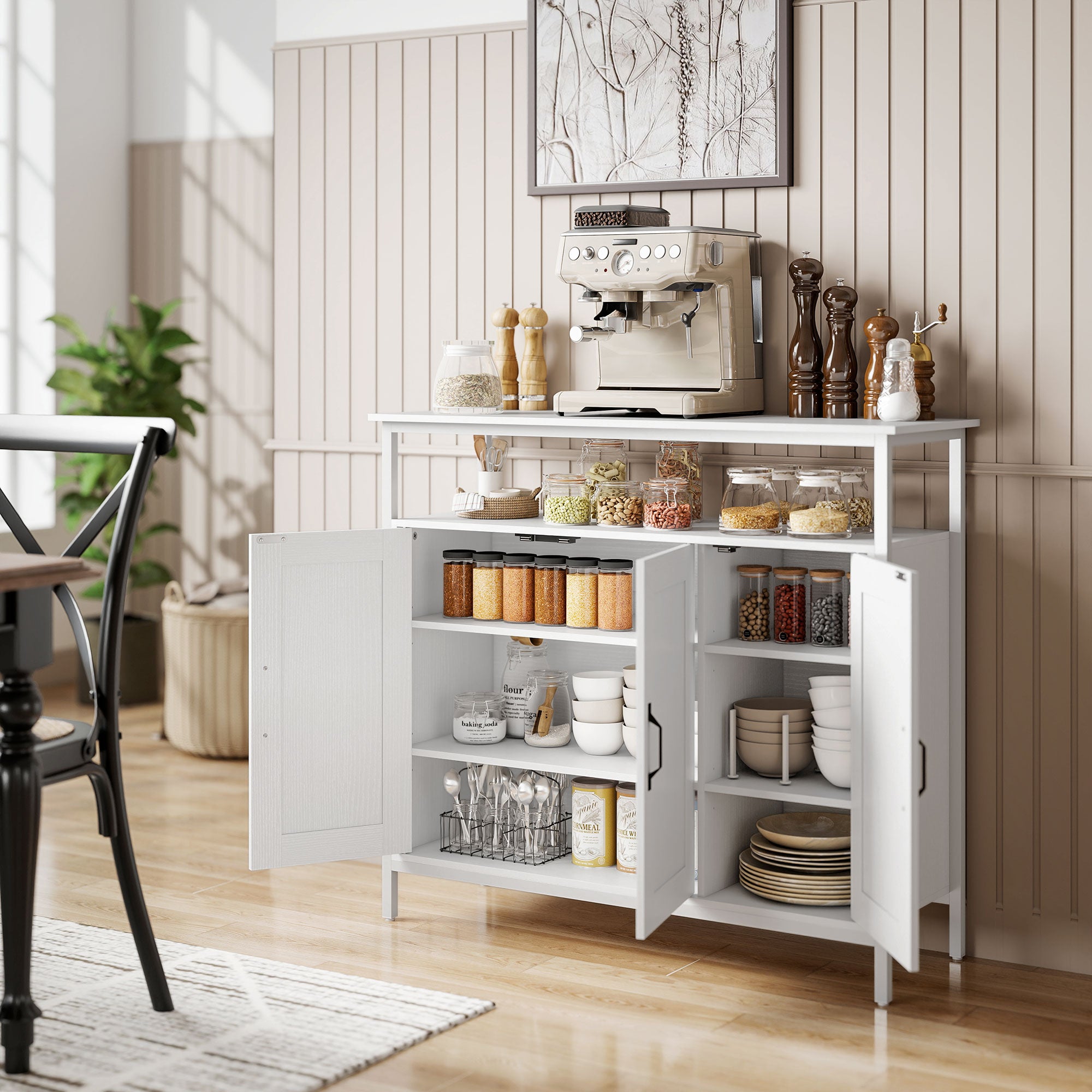 Mobile Basso Credenza da Cucina 100x35x88 cm con Armadietti e Ripiani a Giorno in MDF Bianco
