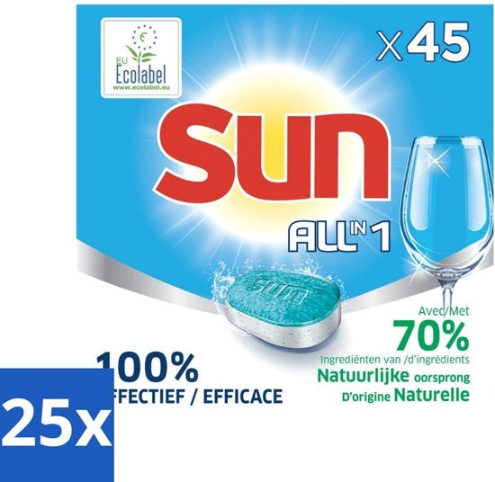 Detersivo per lavastoviglie tutto in uno - Etichetta ecologica - 45 compresse - Confezione in bulk - 25 pezzi