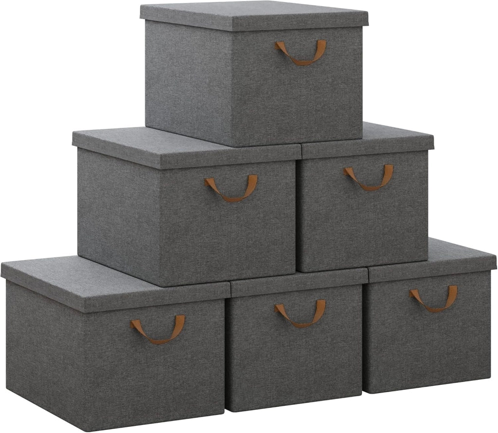 Scatole portaoggetti in Tessuto 6 Pezzi, Contenitori pieghevoli con Coperchio e Maniglie, per Vestiti da Armadio, Grigio, 48x36x30cm