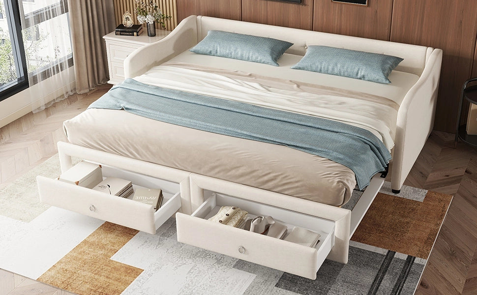 DESMIU Letto con rete estraibile 90 × 200 cm 1 piazza con 2 cassetti, senza materasso, in lino, beige