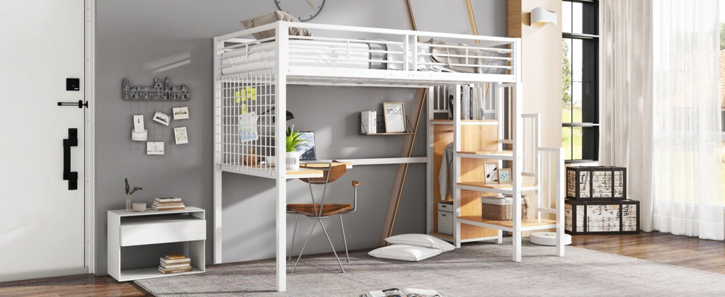 Letto a castello funzione scrivania e armadio in metallo e MDF bianco naturale 90x200 cm