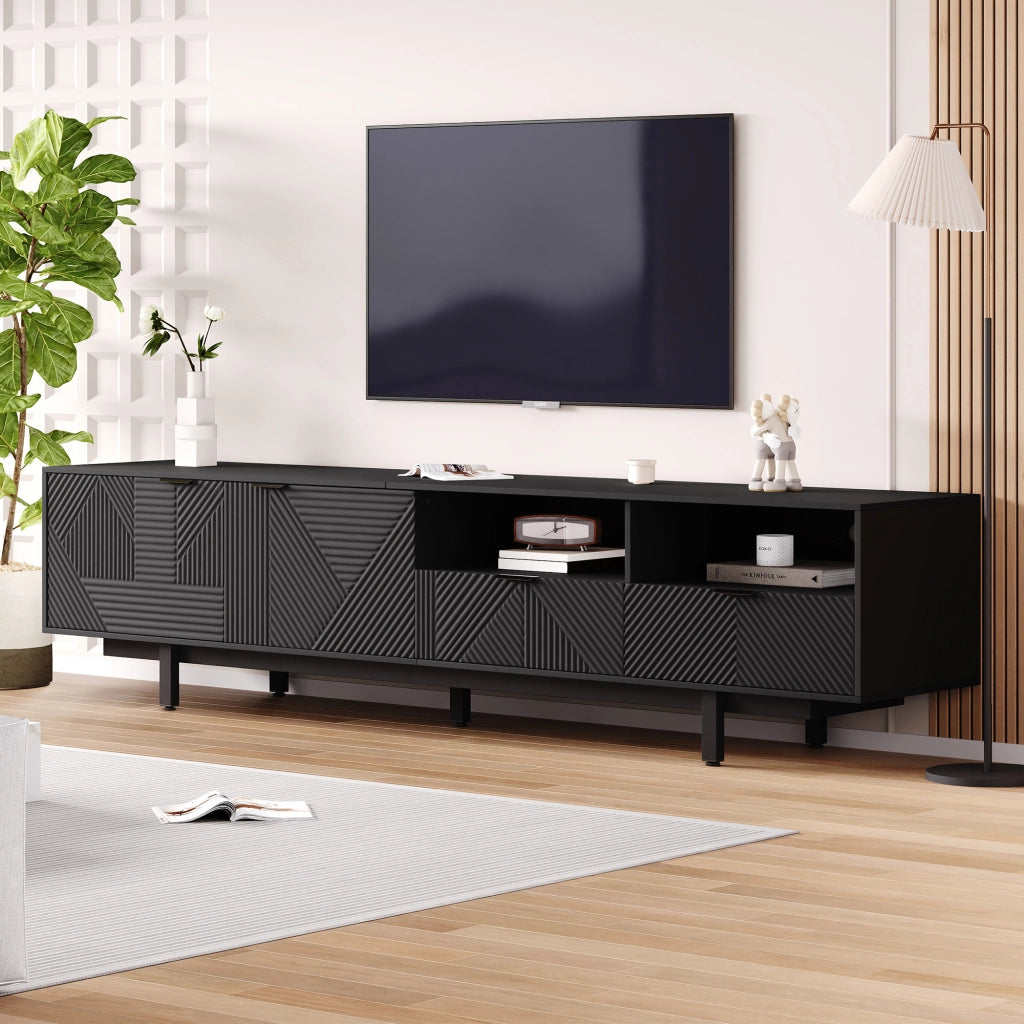 Mobile TV con 2 ante; vani aperti e passacavi - per soggiorno - 200×40×51 cm - nero