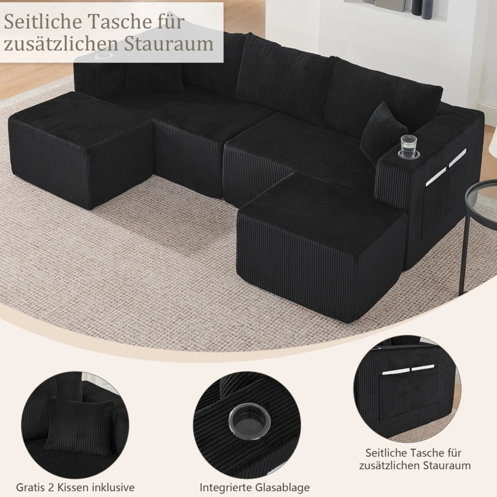 Divano angolare modulare 3 posti con 2 pouf mobili; portabicchieri e tasche; nero