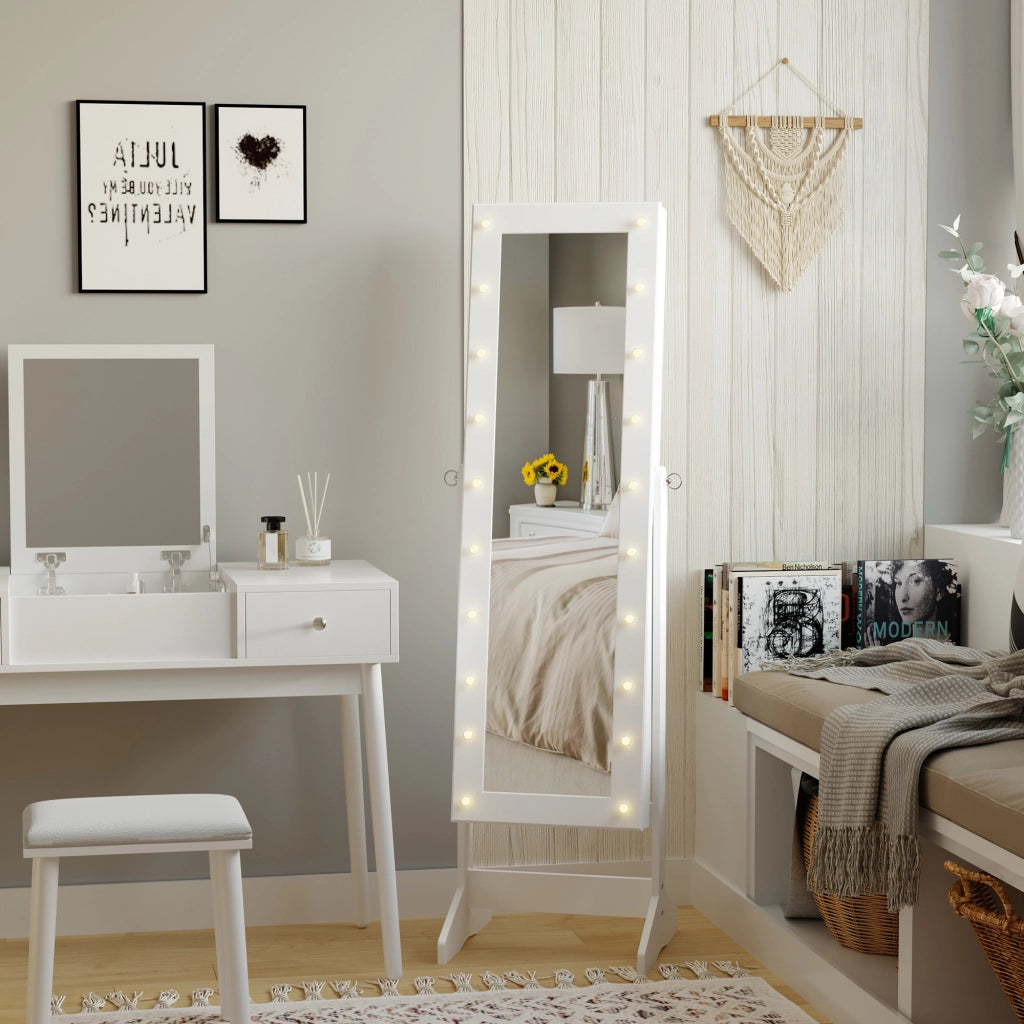 Armadio Portagioielli con Specchio e Luci LED ¨C Zephmum ¨C Legno Bianco 40x37x146 cm