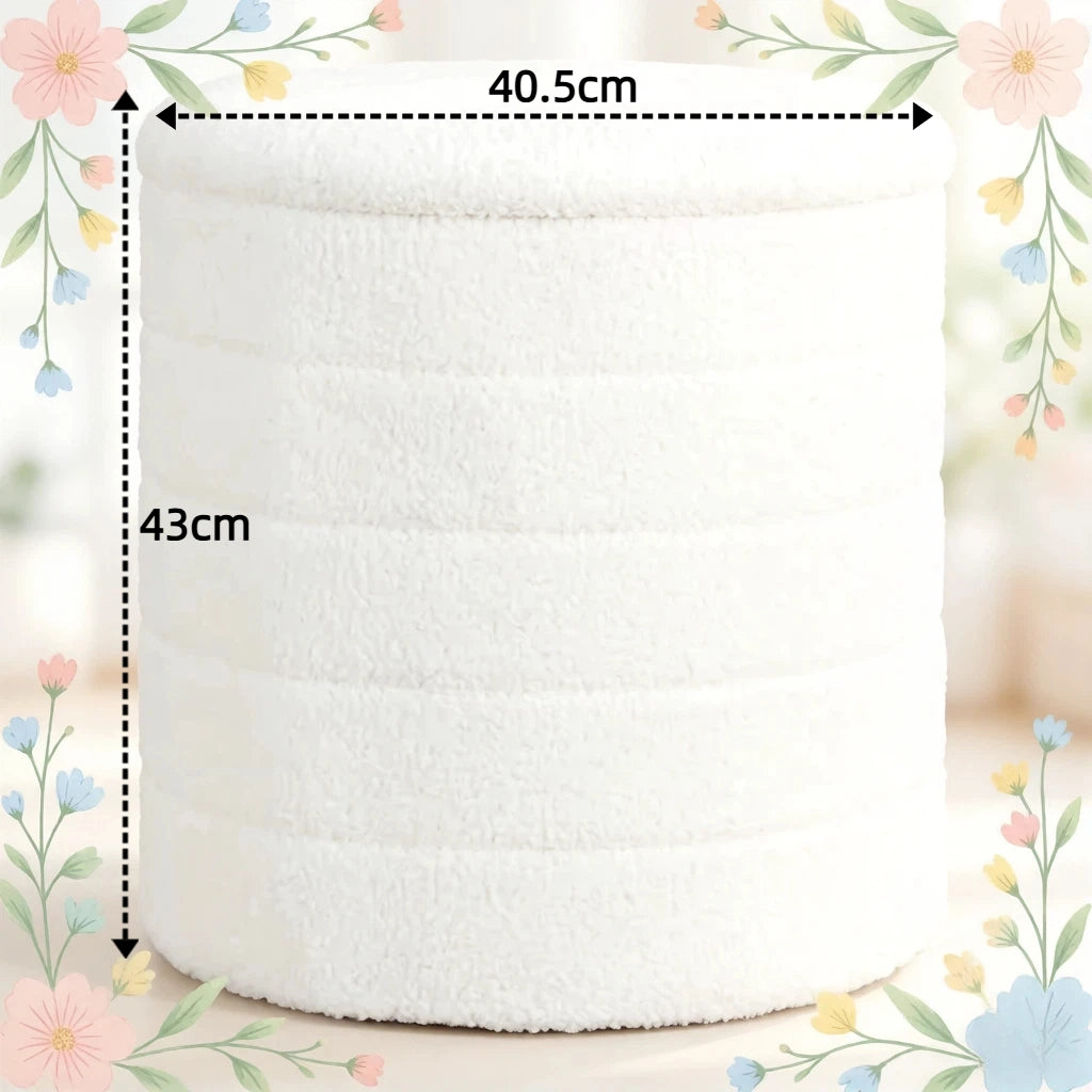 Pouf contenitore pieghevole con spazio portaoggetti coperchio reversibile seduta imbottita in teddy fleece bianco