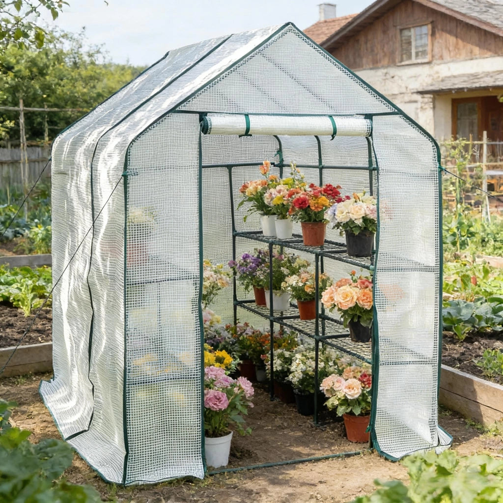 Serra a tunnel in polietilene con porta frontale con cerniera e tubi in acciaio verniciato bianco 143 × 215 × 195 cm