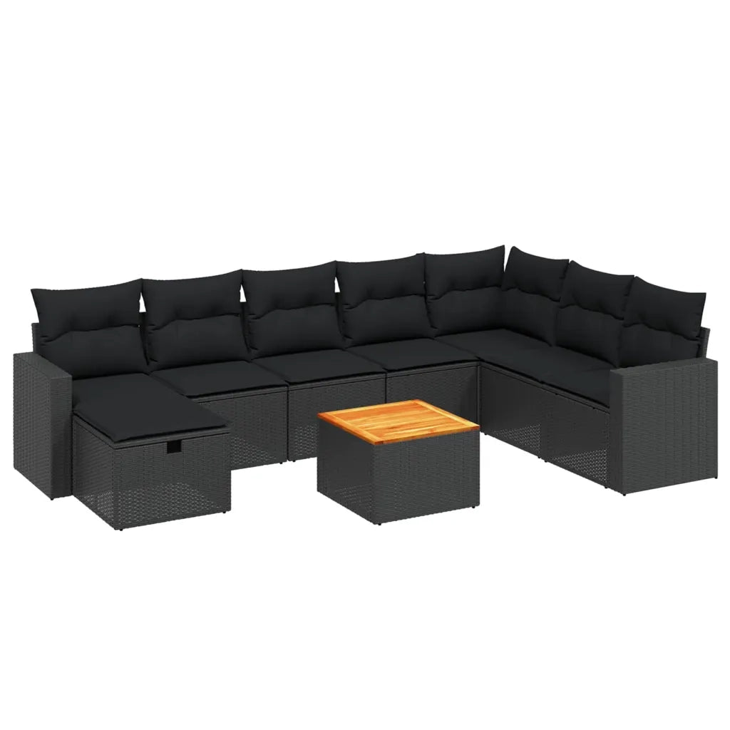 Set Divani da Giardino 9 pz con Cuscini Nero in Polyrattan
