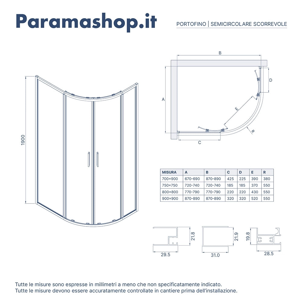 Box doccia semicircolare 75x75cm profili cromati slim vetro 6mm trasparente h190 | Portofino