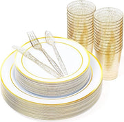 Servizio da Tavola in Plastica da 150 pezzi - 50 Piatti da Festa con Bordo Argento (2 Misure) 25 Cucchiai 25 Forchette 25 Coltelli 25 Calici da Festa - Set da Festa per Matrimoni e Compleanni