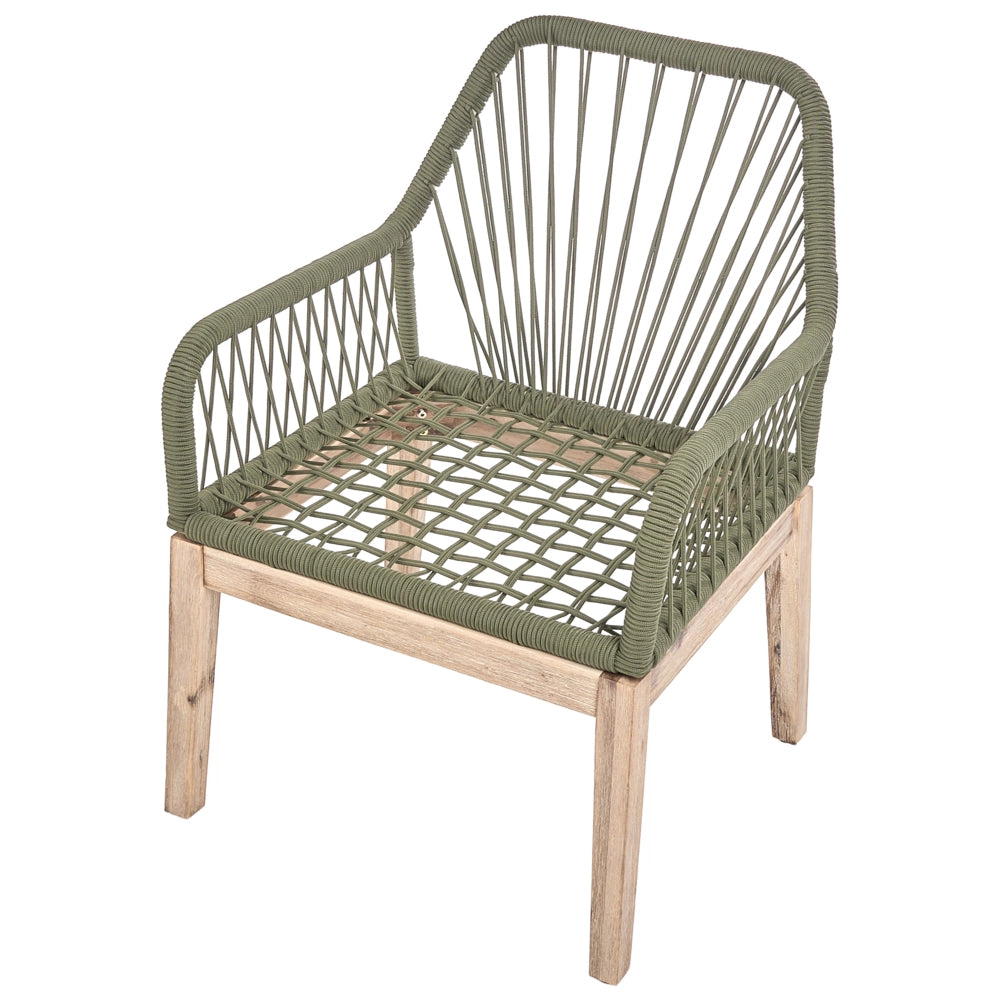 Set di 2 sedie da pranzo da esterno, struttura in polipropilene bianco e verde oliva gambe in legno di acacia, cuscini in poliestere, design moderno, rivestimenti sfoderabili, intreccio in corda