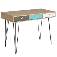 Scrivania Moderna con 3 Cassetti Multicolore in Legno e Metallo, Scrivania per Camera e Ufficio in Stile Nordico, 110x50x77.5cm