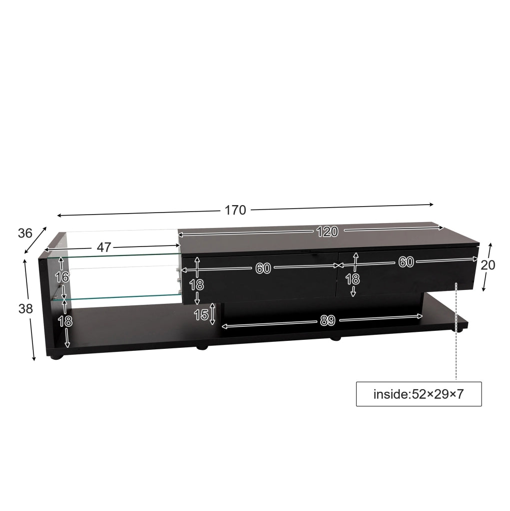 Mobile TV High Gloss Nero con 2 Cassetti; 2 Ripiani in Vetro e LED