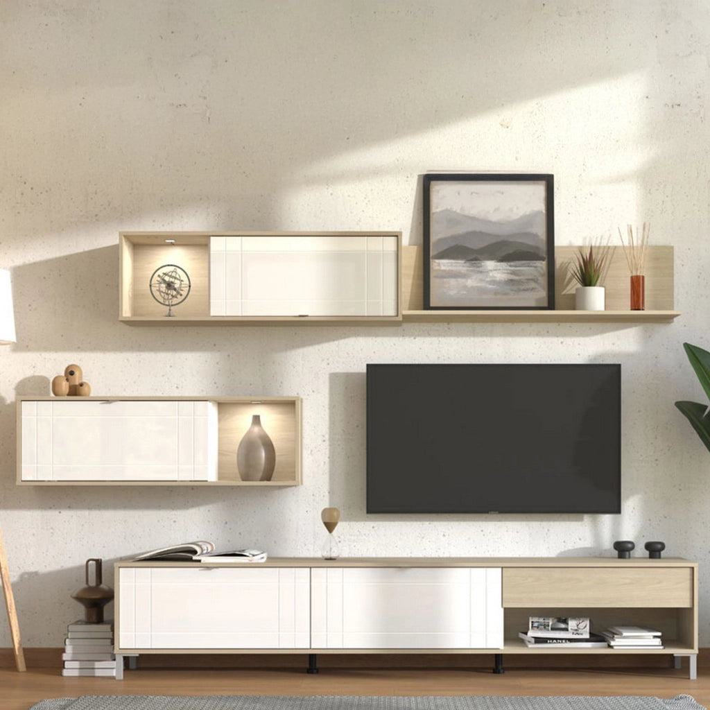 Mobile Soggiorno Elice, Parete Attrezzata 7 Ripiani, 234x40x176h cm Bianco Opaco
