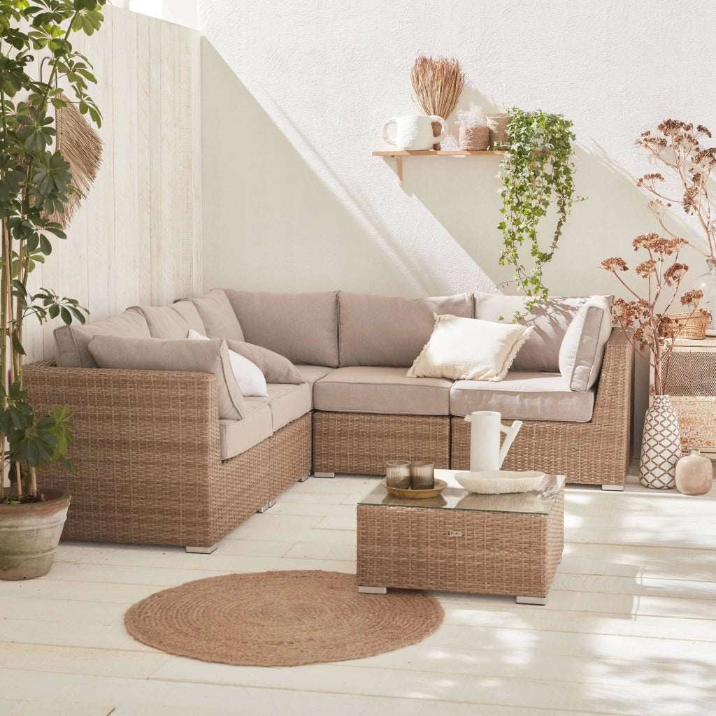 Salotto da giardino in resina intrecciata, 5 posti, marrone naturale