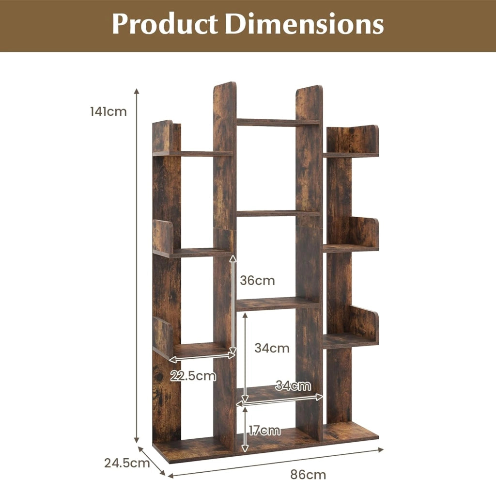 Libreria in legno con 13 ripiani aperti, libreria a forma di albero con kit antiribaltamento, 86 x 24,5 x 141 cm, mobile organizer per soggiorno, studio, ufficio (marrone)