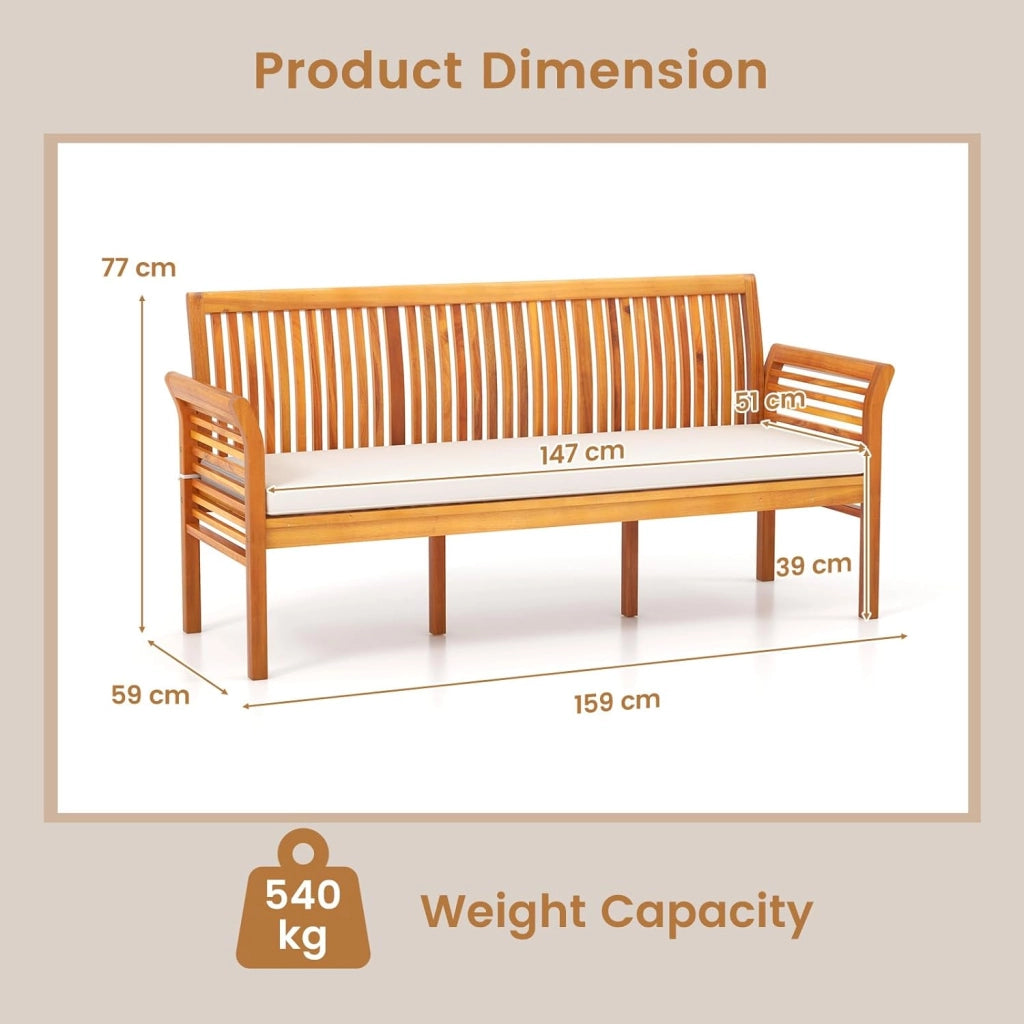 Panca da giardino a 3 posti, panca da parco in legno di acacia, panca da parco con cuscino rimovibile, sedia da parco con schienale, carico di 540 kg, 159 x 59 x 77 cm