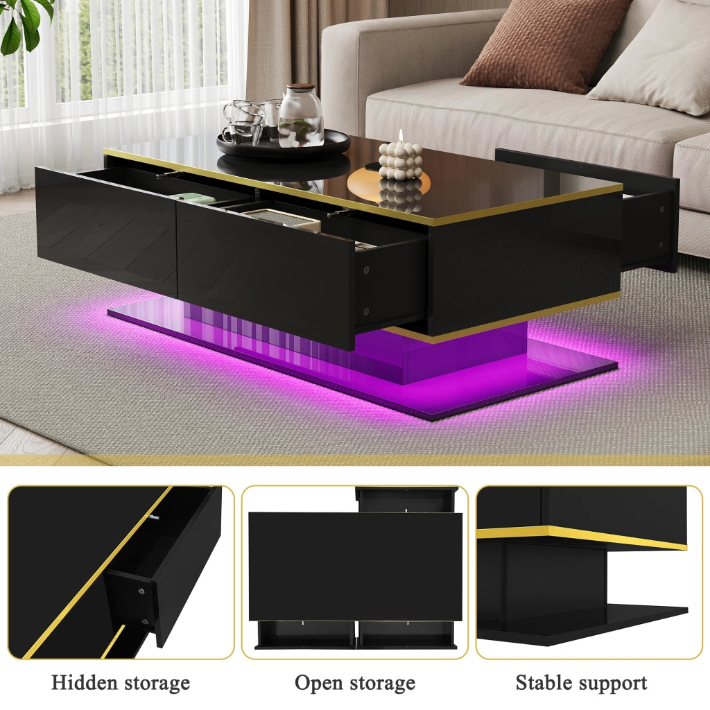 Tavolino da salotto con 3 Cassetti e 1 Vano aperto con LED; Decorazione dorata; in Truciolare; Nero
