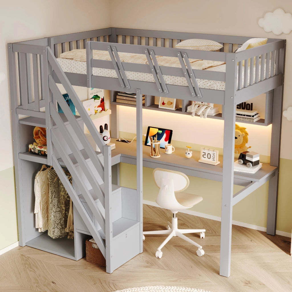 Letto a soppalco 90x200 cm con scala contenitore; scrivania; USB e LED; legno massello grigio