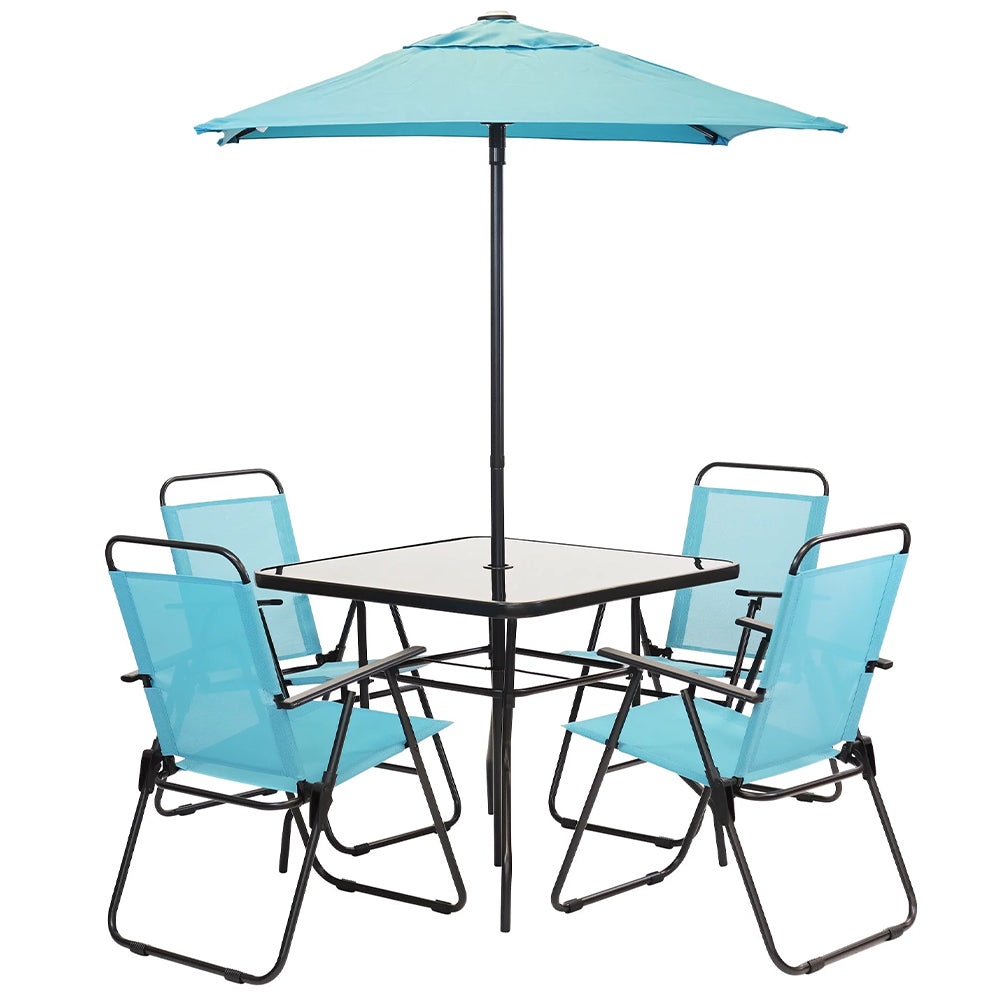 Set da Pranzo 6 Pezzi per Giardino con Ombrellone e 4 Sedie Pieghevoli Celeste