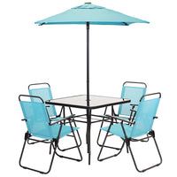 Set da Pranzo 6 Pezzi per Giardino con Ombrellone e 4 Sedie Pieghevoli Celeste