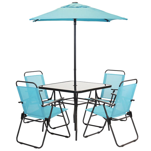 Set da Pranzo 6 Pezzi per Giardino con Ombrellone e 4 Sedie Pieghevoli Celeste