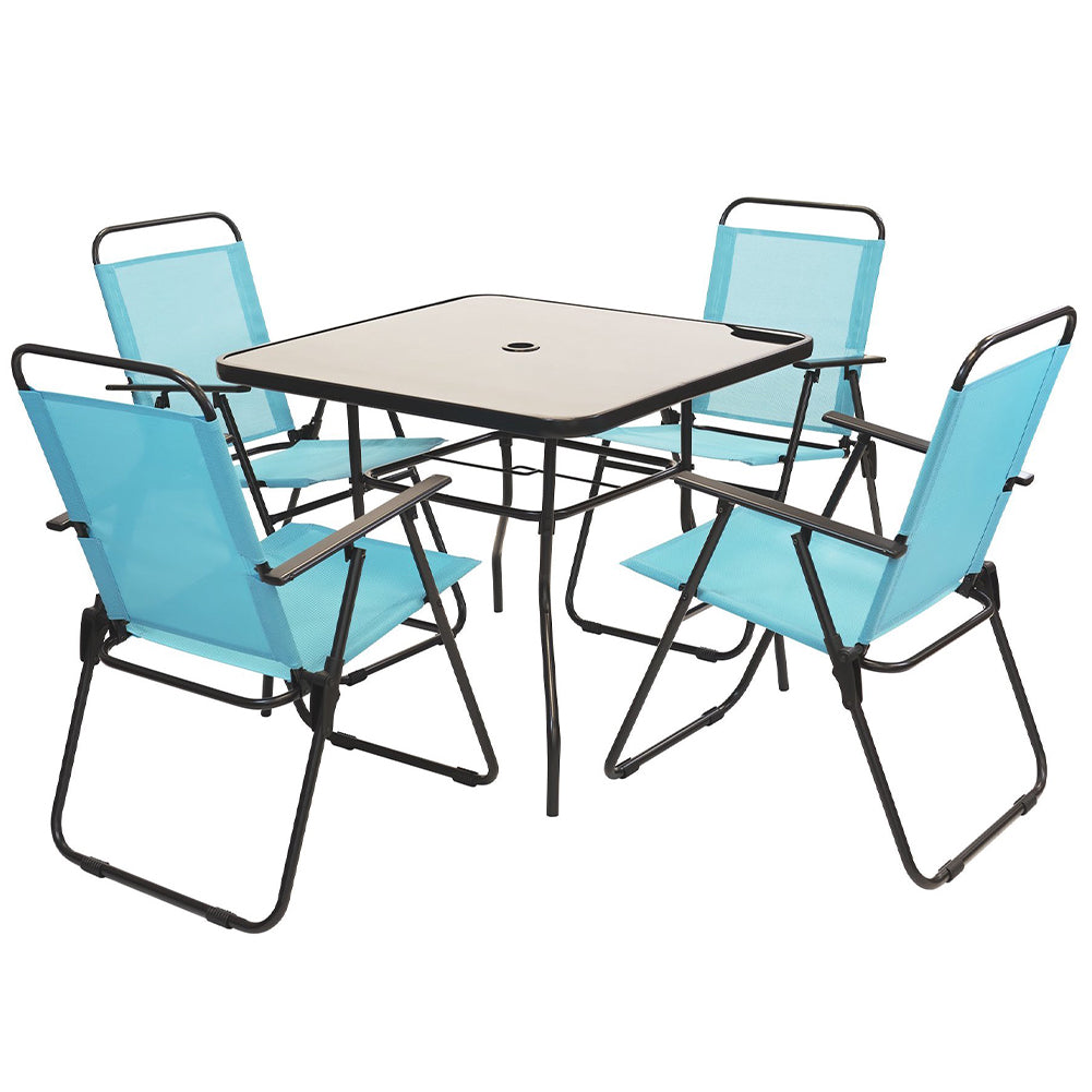 Set da Pranzo 6 Pezzi per Giardino con Ombrellone e 4 Sedie Pieghevoli Celeste