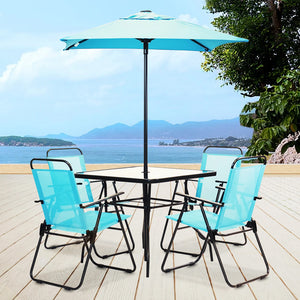 Set da Pranzo 6 Pezzi per Giardino con Ombrellone e 4 Sedie Pieghevoli Celeste
