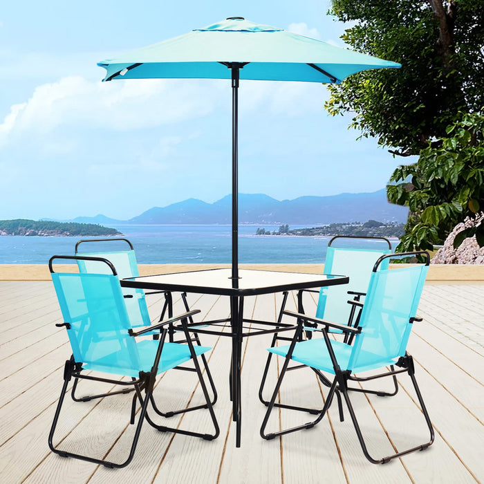 Set da Pranzo 6 Pezzi per Giardino con Ombrellone e 4 Sedie Pieghevoli Celeste