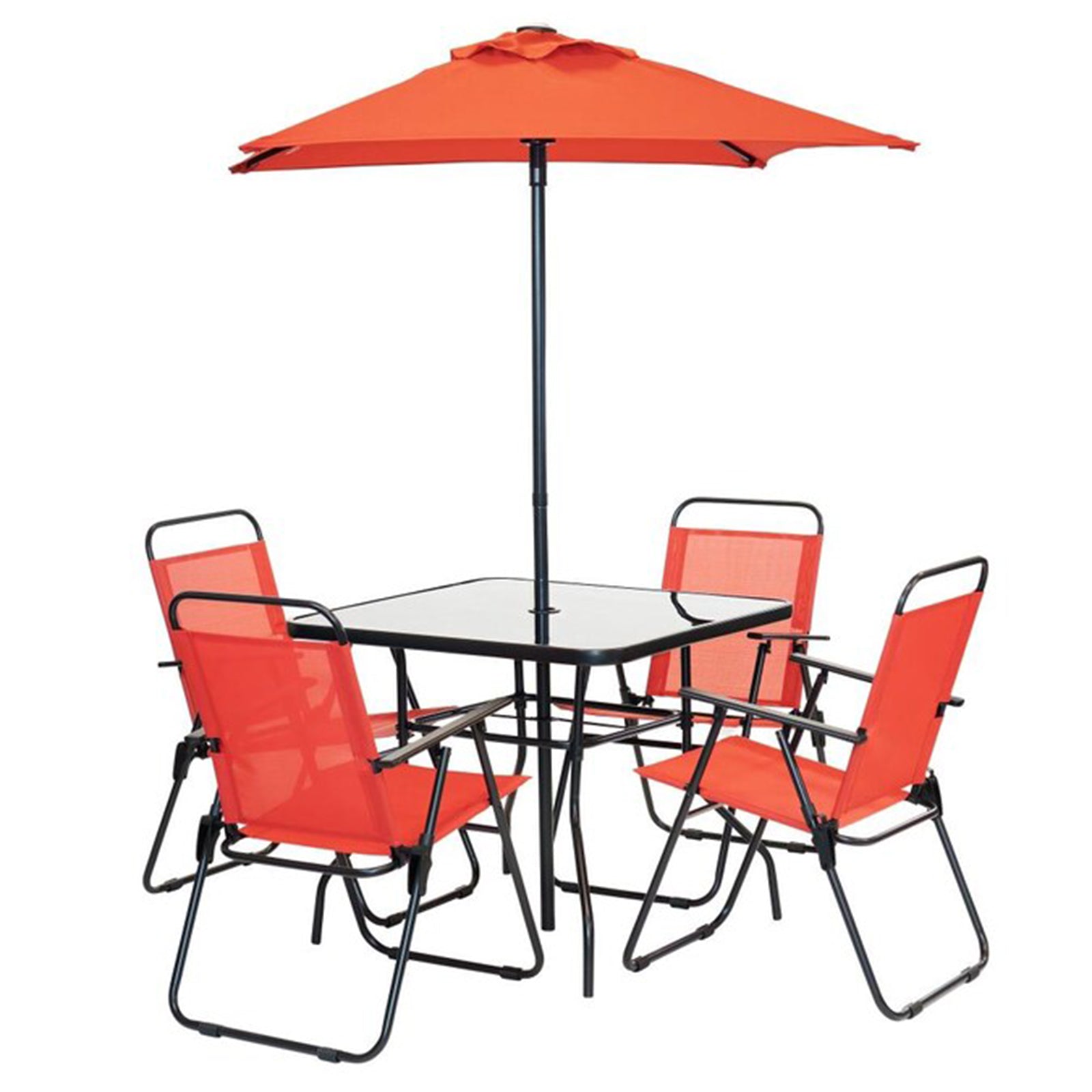 Set da Pranzo 6 Pezzi per Giardino Patio con Ombrellone 4 Sedie Pieghevoli Rosso