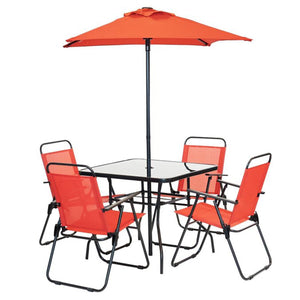 Set da Pranzo 6 Pezzi per Giardino Patio con Ombrellone 4 Sedie Pieghevoli Rosso