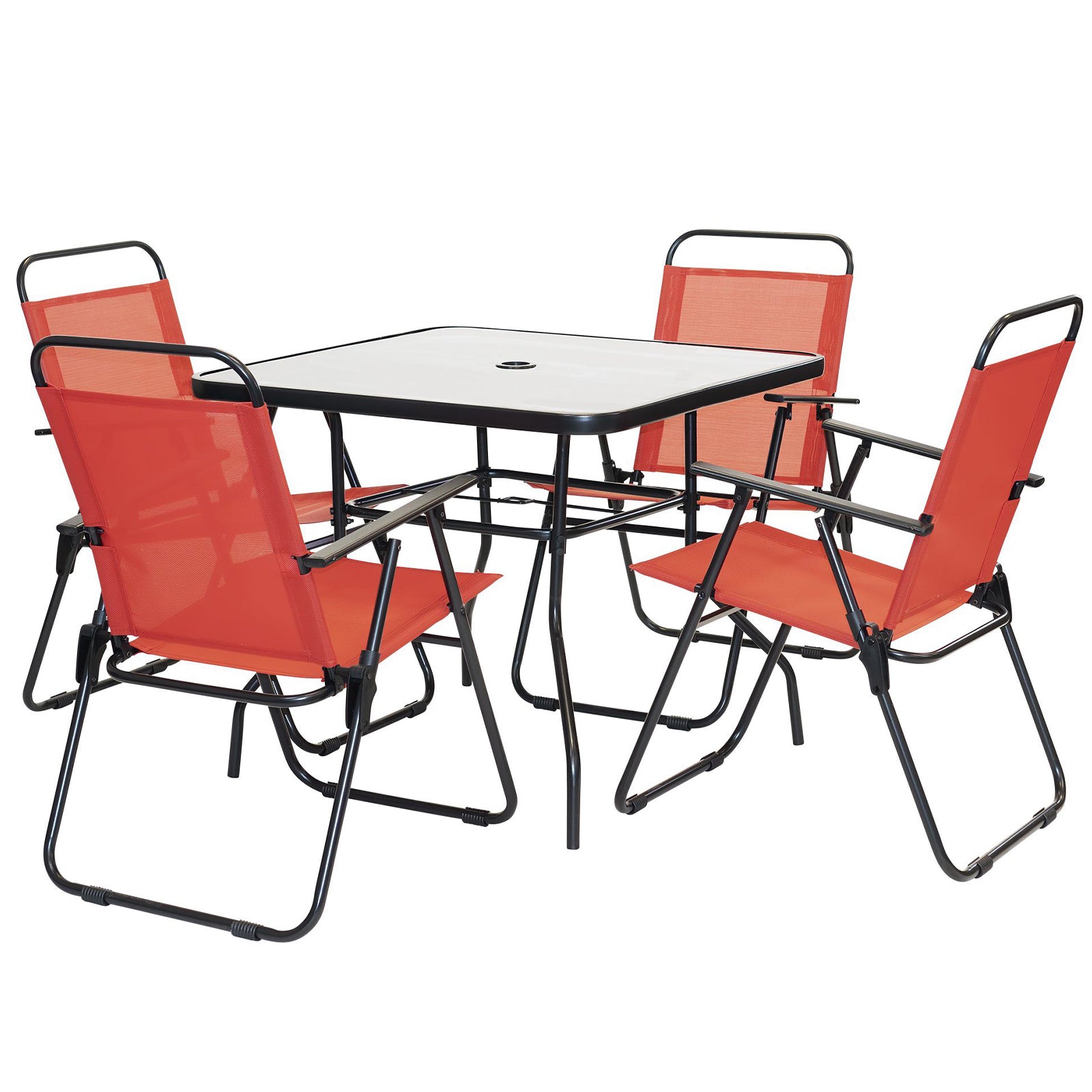 Set da Pranzo 6 Pezzi per Giardino Patio con Ombrellone 4 Sedie Pieghevoli Rosso