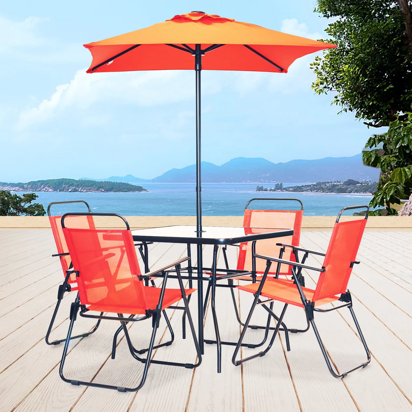 Set da Pranzo 6 Pezzi per Giardino Patio con Ombrellone 4 Sedie Pieghevoli Rosso