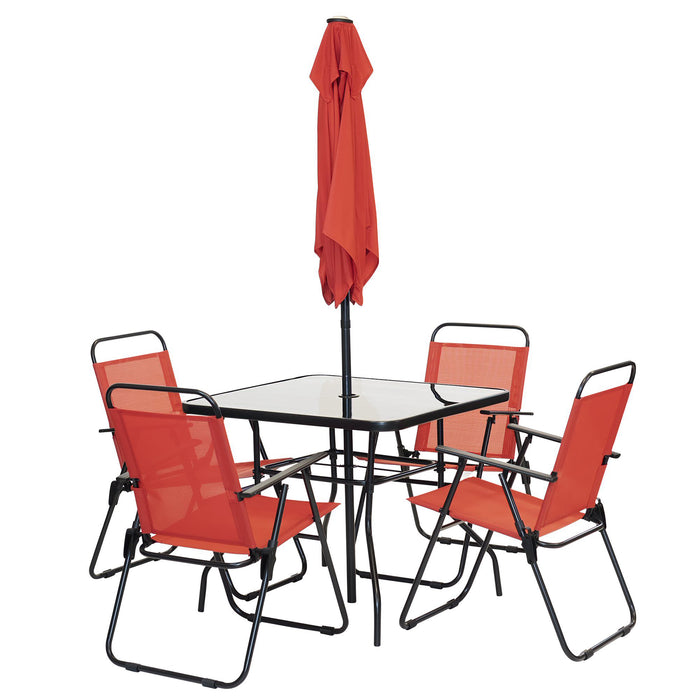 Set da Pranzo 6 Pezzi per Giardino Patio con Ombrellone 4 Sedie Pieghevoli Rosso