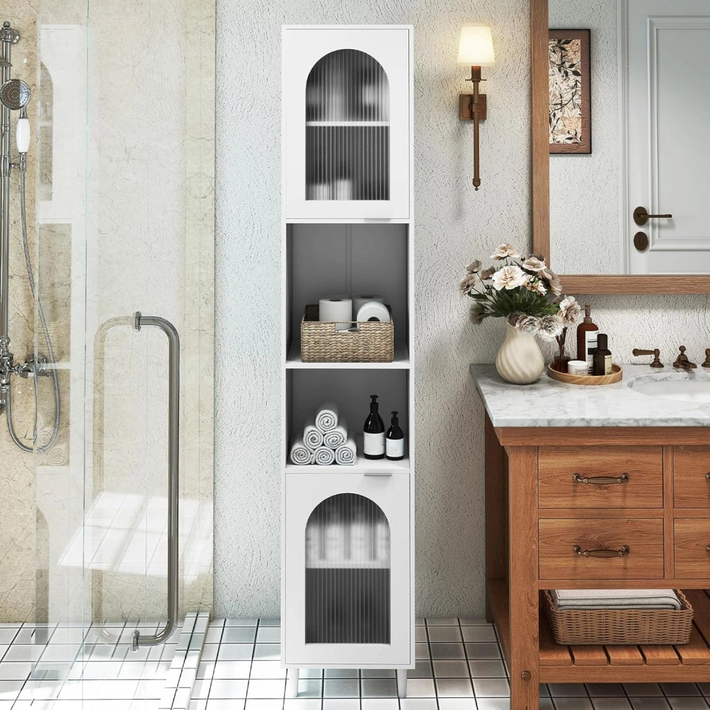 Armadio da Bagno a Colonna Autoportante 180 cm, con Ripiani Regolabili, Scomparti Aperti e Ante in Vetro Temperato, Mobile Portaoggetti per Soggiorno e Cucina, Bianco