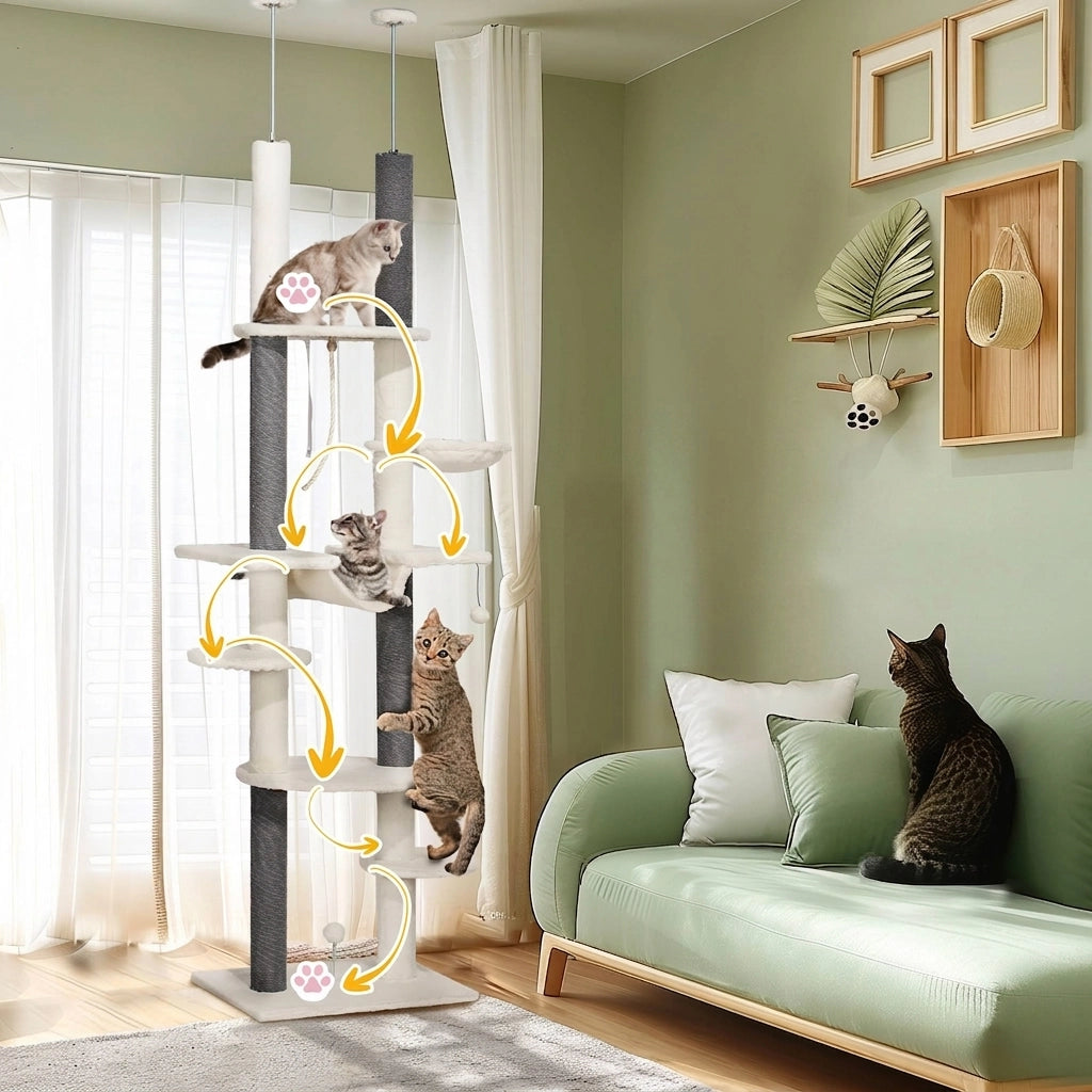 Albero per Gatti da Soffitto con Amache; Regolabile 225-255 cm; Bianco