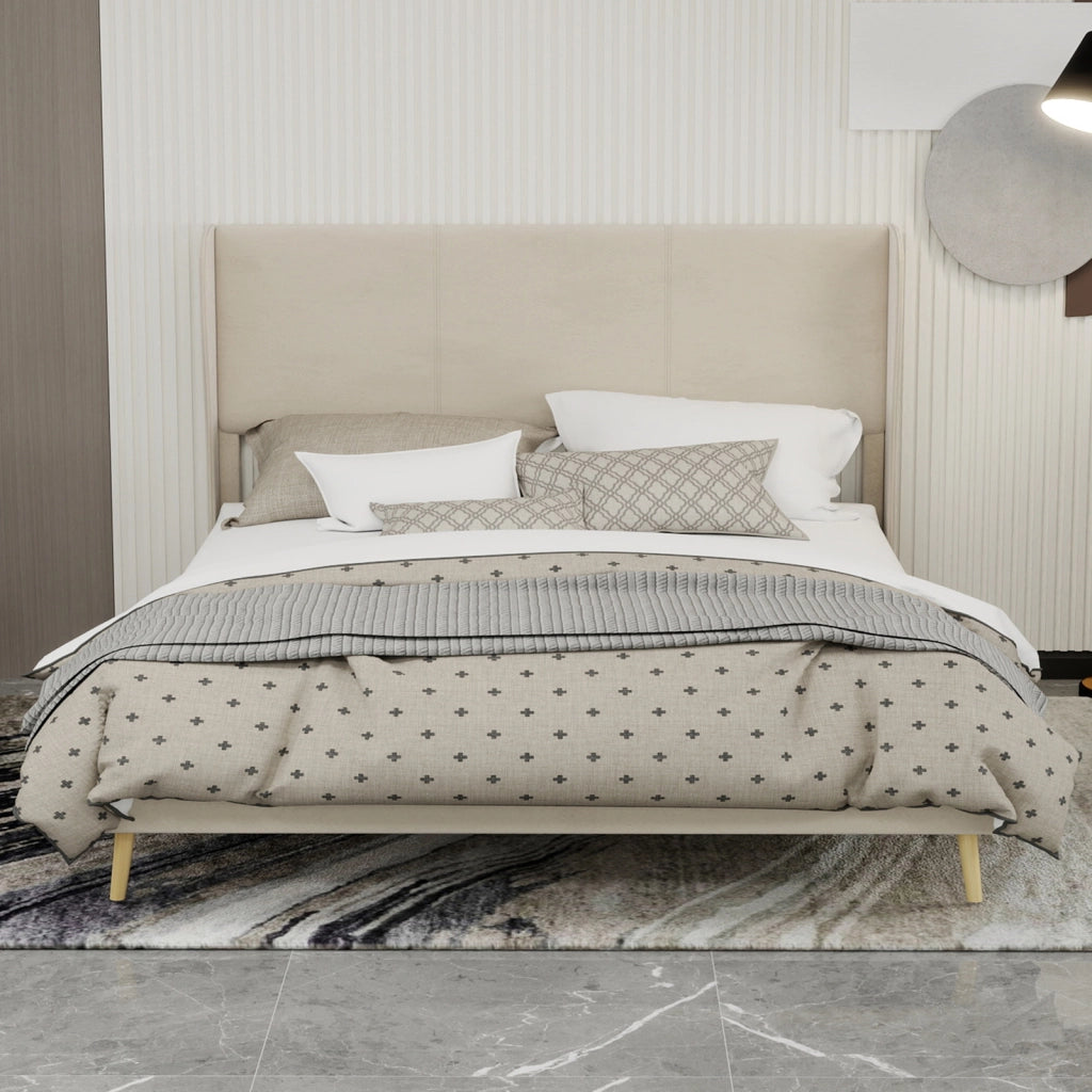 Letto Matrimoniale 160x200 cm con Testiera Imbottita; Beige; in Tessuto e Metallo
