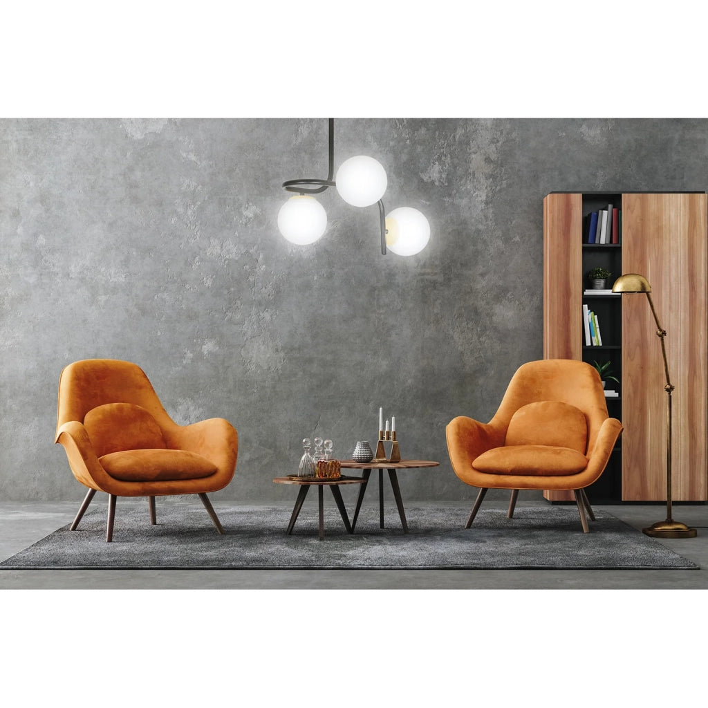 Lampadario 3 Luci Kalf In Acciaio Nero A Bracci E Sfere In Vetro Opalino E Oro