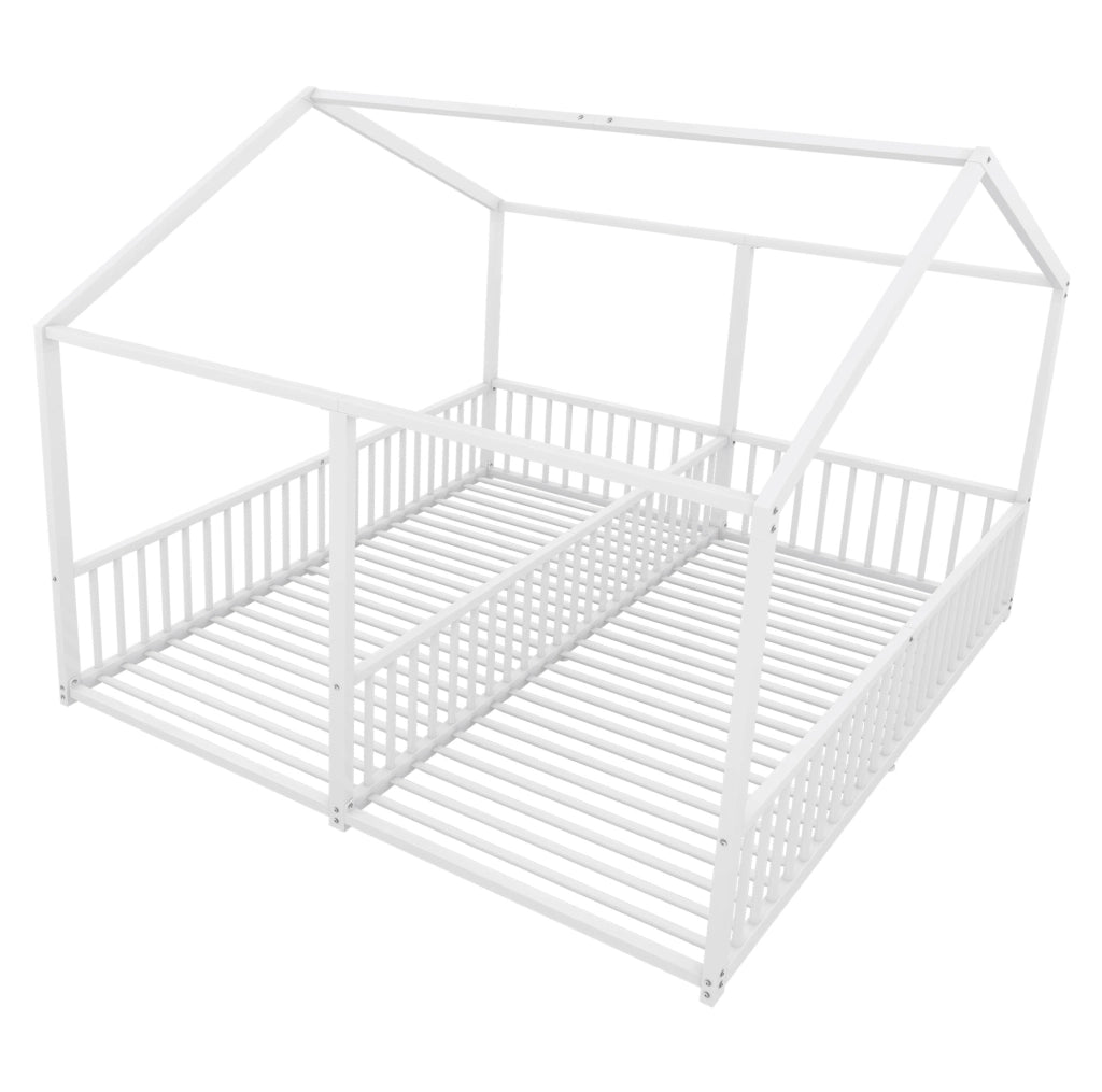 Letto per bambini in metallo a forma di casetta con sponda e scala; 90 x 200 cm; bianco