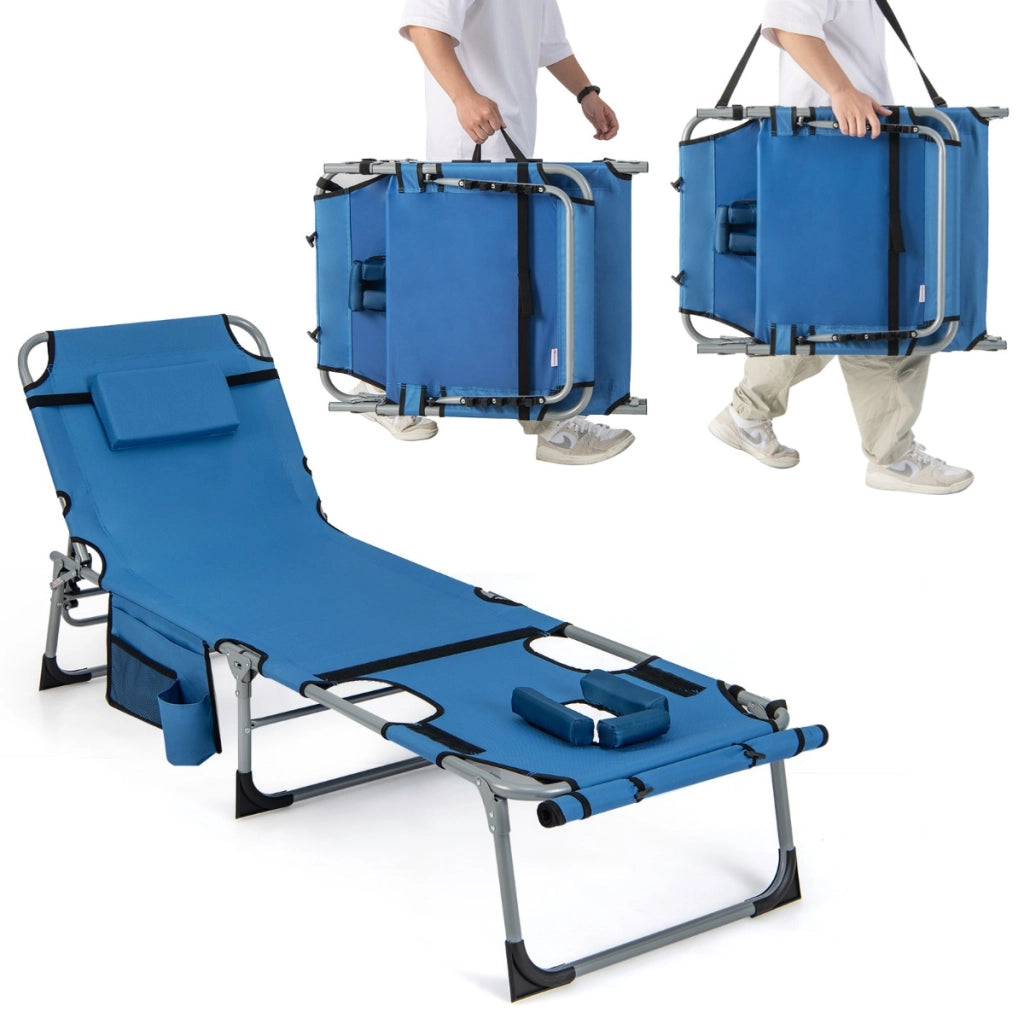 Sedia a sdraio pieghevole da esterno con 5 posizioni regolabili foro per viso, Lettino prendisole portatile Blu-Poltrone e sdraio