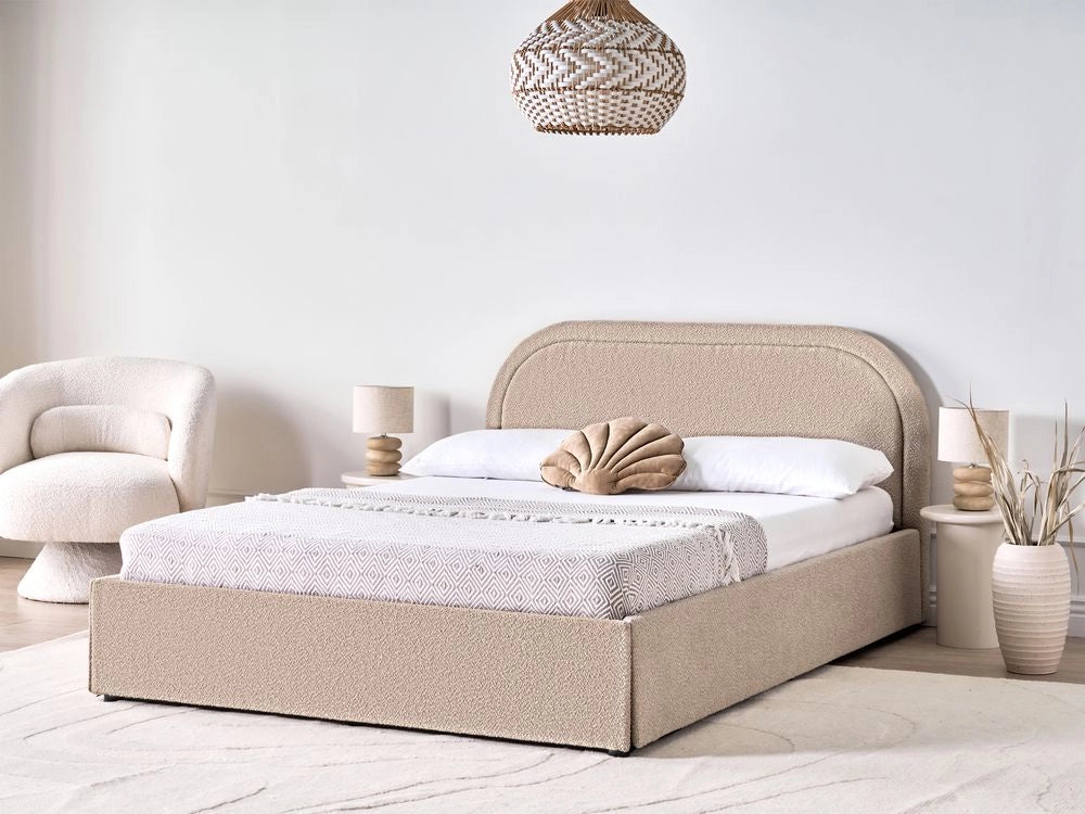 Letto moderno con contenitore e testata imbottita in bouclé beige chiaro 140 x 200 cm