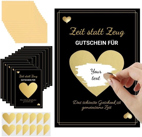 Set di 12 buoni regalo - Carte regalo - Tempo al posto di oggetti - Disegno nero-oro - Idea di regalo per tempo condiviso - Stile elegante - Buoni regalo