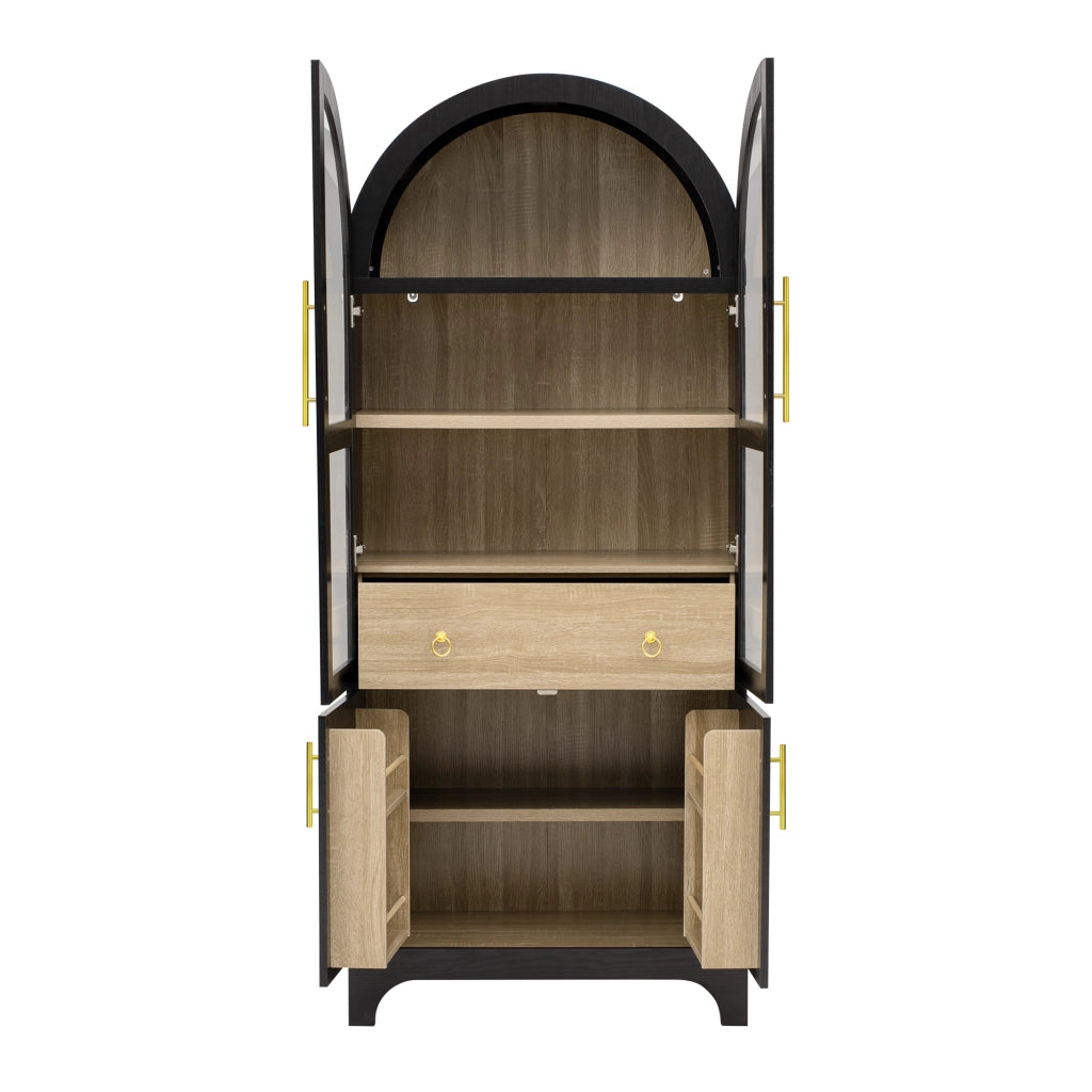 Credenza Alta Nera 180 cm con Ante in Vetro Cannelé; Ripiani Regolabili e Cassetto Portaoggetti per Cucina