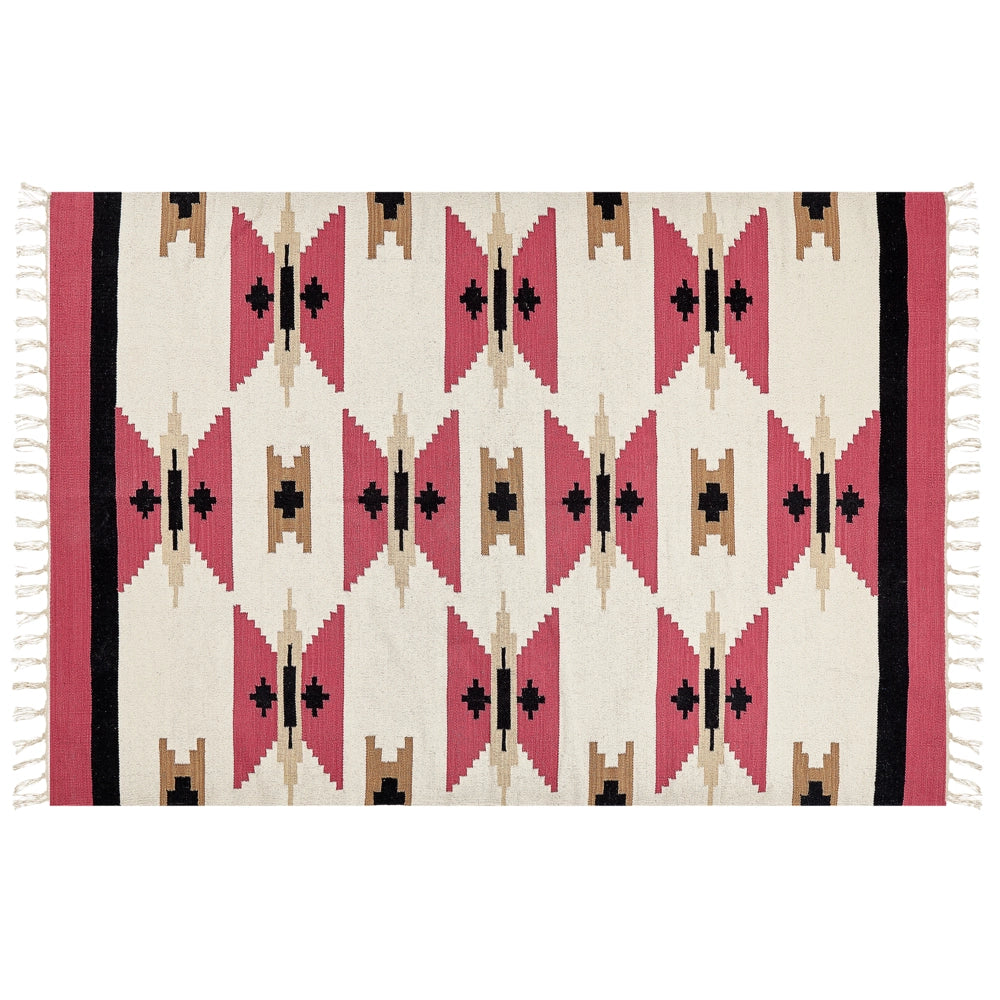 Tappeto Kilim in cotone tessuto a mano reversibile con motivo geometrico e nappe multicolore 160 x 230 cm soggiorno camera da letto